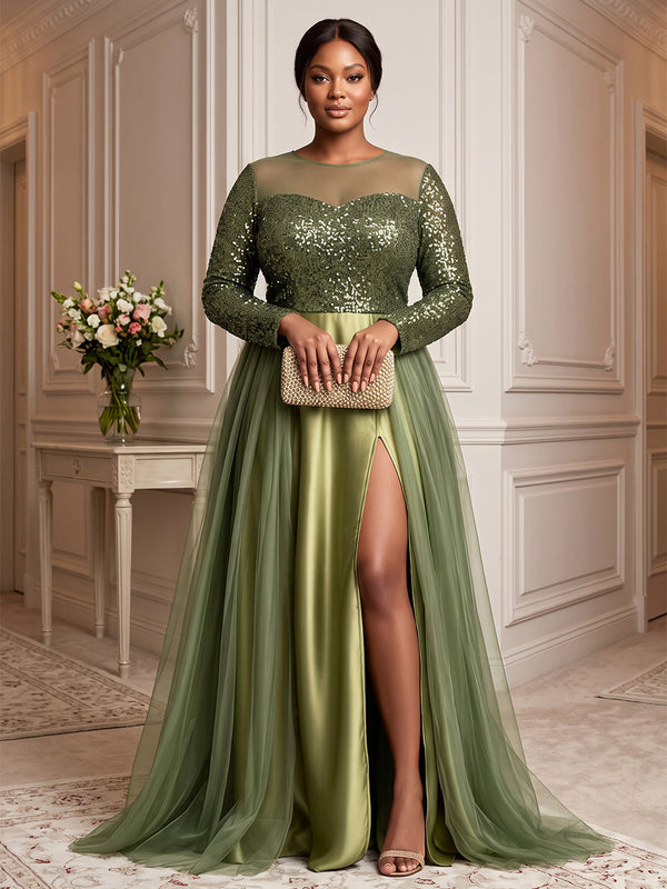 Plus Size A-Line/Princess Scoop Neck Chiffon Maxi Evening Dresses with Sequin & Pleats