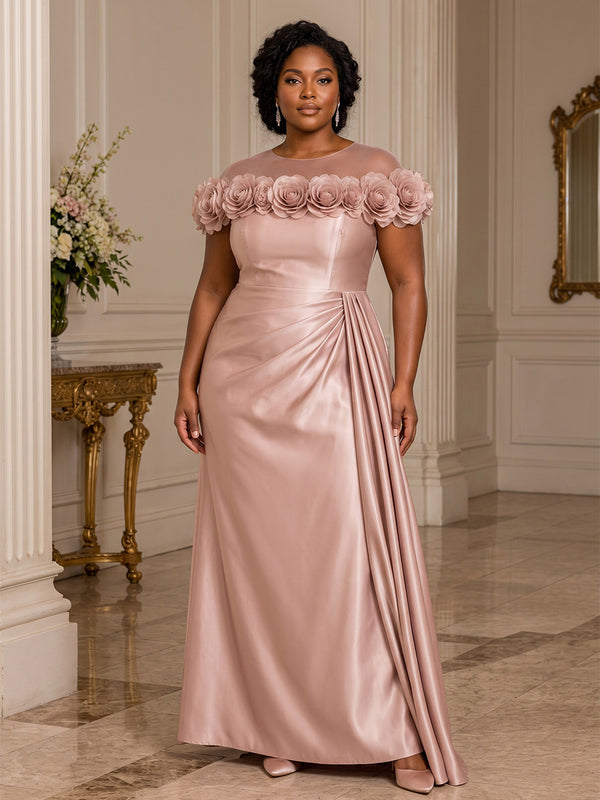 Plus Size A-Line/Princess Scoop Neck Satin Maxi Evening Dresses with 3D Flowers, Ruched Waist & Sash