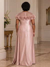 Plus Size A-Line/Princess Scoop Neck Satin Maxi Evening Dresses with 3D Flowers, Ruched Waist & Sash