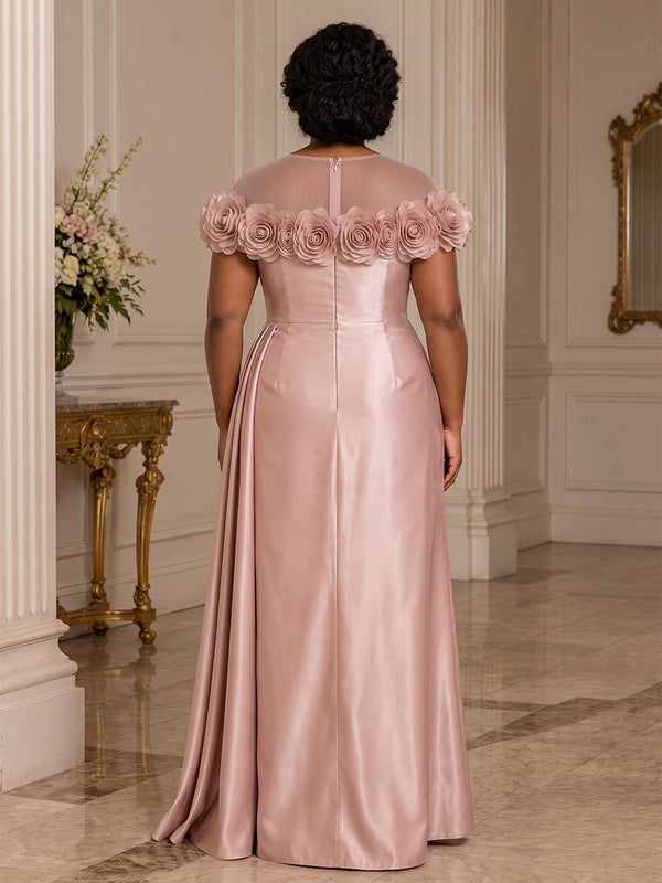 Plus Size A-Line/Princess Scoop Neck Satin Maxi Evening Dresses with 3D Flowers, Ruched Waist & Sash