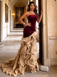 Mermaid/Trumpet Strapless Velvet Maxi Mother of the Bride & Groom Dresses with Tiered Layers & Ruffles