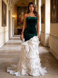 Mermaid/Trumpet Strapless Velvet Maxi Mother of the Bride & Groom Dresses with Tiered Layers & Ruffles