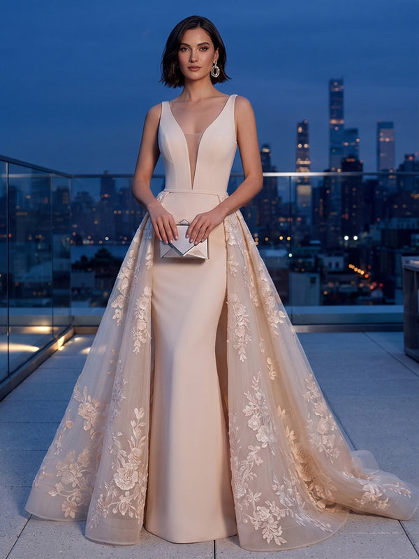 Sheath/Column V-Neck Satin Maxi Evening Dresses with Lace Appliques