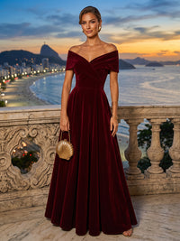 A-Line/Princess Off Shoulder Velvet Maxi Evening Dresses with Pleats