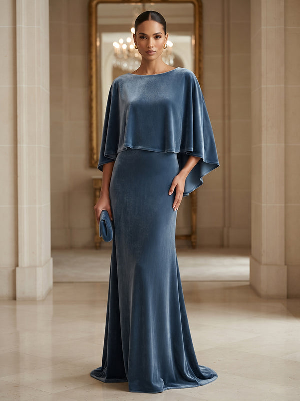 Sheath/Column Scoop Neck Velvet Maxi Evening Dresses with Sweep Train
