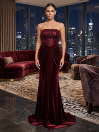 Sheath/Column Strapless Velvet Maxi Evening Dresses with Sequin Bodice & Pleats