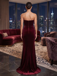 Sheath/Column Strapless Velvet Maxi Evening Dresses with Sequin Bodice & Pleats