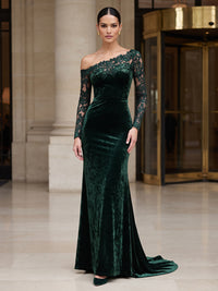 Sheath/Column Off Shoulder Velvet Maxi Evening Dresses with Lace
