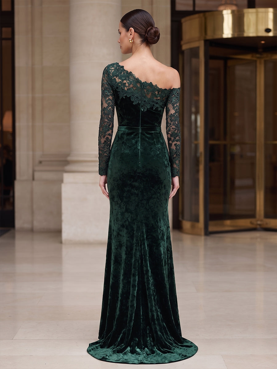 Sheath/Column Off Shoulder Velvet Maxi Evening Dresses with Lace