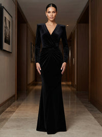 Sheath/Column V-Neck Velvet Maxi Evening Dresses with Ruched Waist