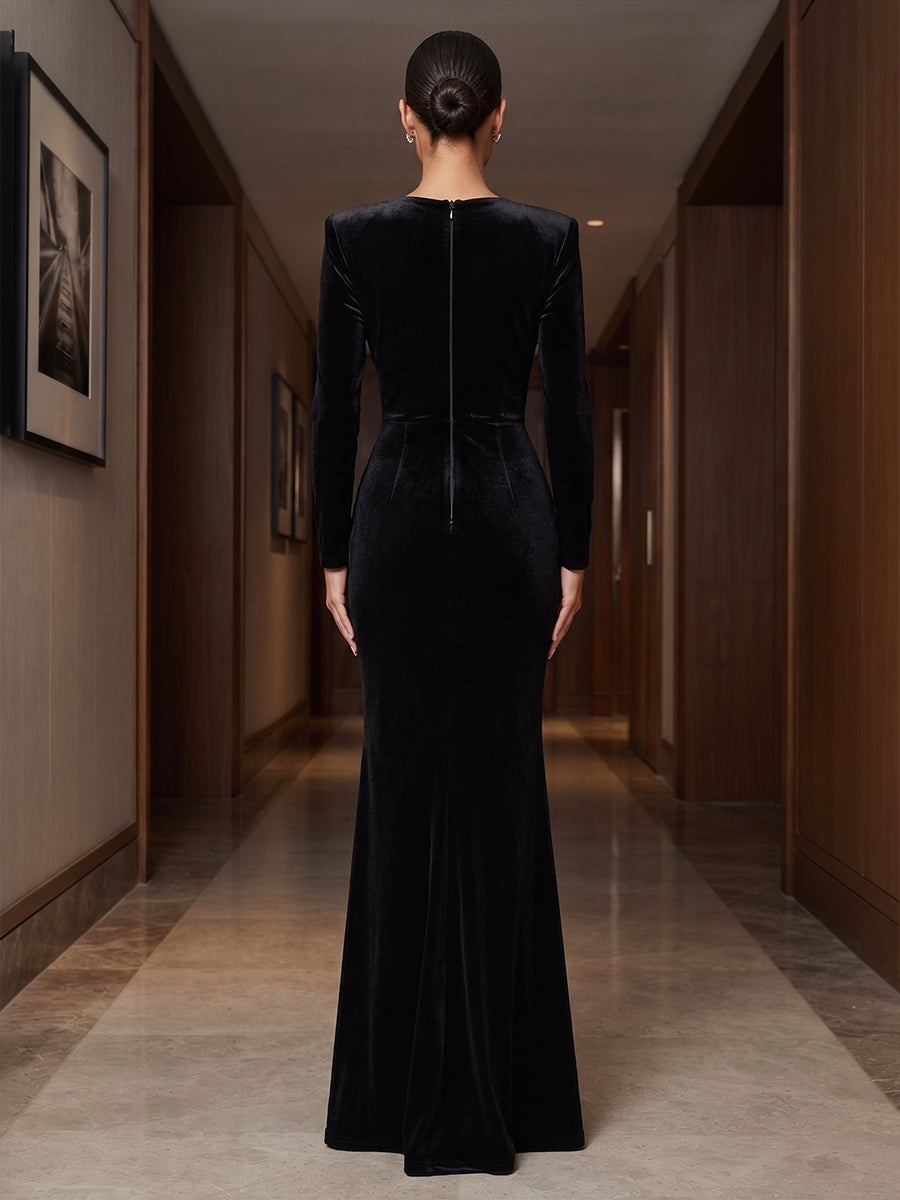 Sheath/Column V-Neck Velvet Maxi Evening Dresses with Ruched Waist