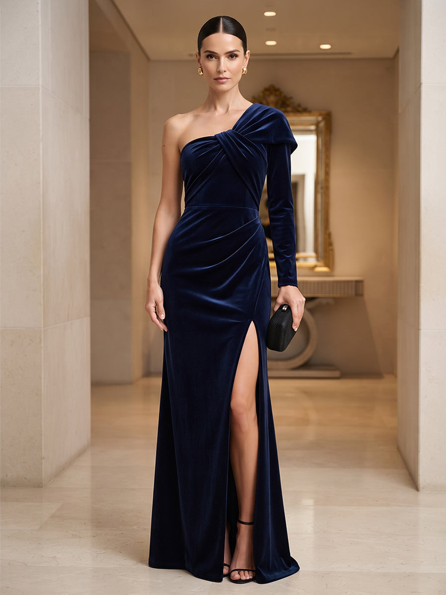 Sheath/Column One Shoulder Velvet Maxi Evening Dresses with Ruched Waist & Slit
