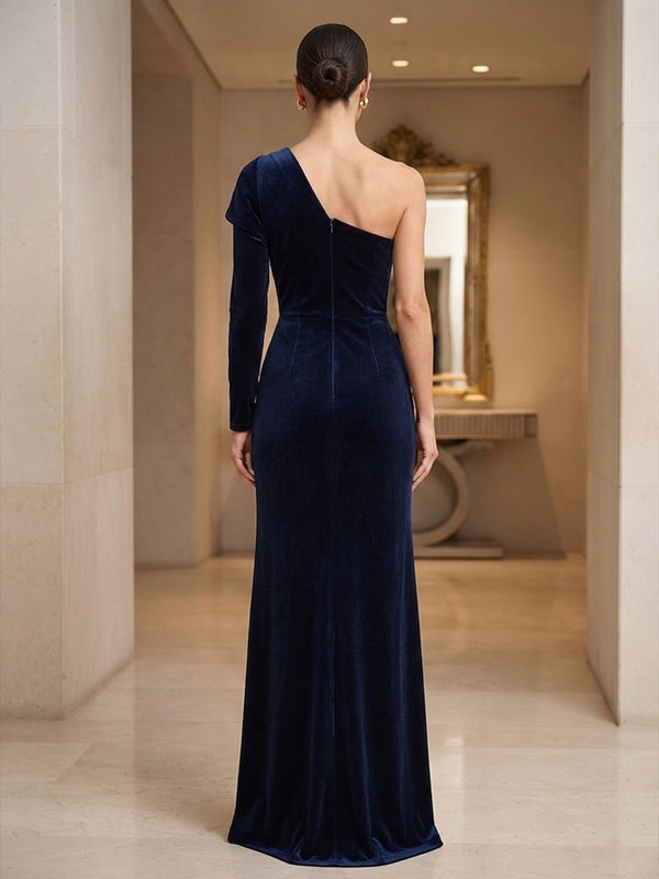 Sheath/Column One Shoulder Velvet Maxi Evening Dresses with Ruched Waist & Slit