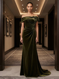 Sheath/Column Off Shoulder Velvet Maxi Evening Dresses with 3D Flowers & Ruched Waist