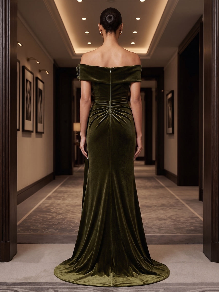 Sheath/Column Off Shoulder Velvet Maxi Evening Dresses with 3D Flowers & Ruched Waist