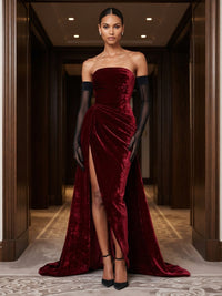 Sheath/Column Strapless Velvet Maxi Evening Dresses with Ruched Waist, Sweep Train & Slit