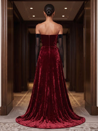 Sheath/Column Strapless Velvet Maxi Evening Dresses with Ruched Waist, Sweep Train & Slit