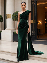 Sheath/Column One Shoulder Velvet Maxi Evening Dresses with Side Draped Sash