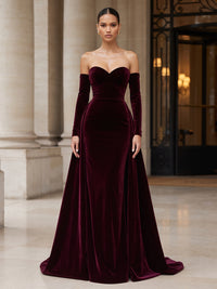 Sheath/Column Strapless Velvet Maxi Evening Dresses with Sweep Train