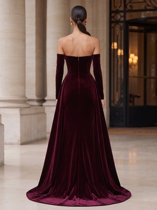 Sheath/Column Strapless Velvet Maxi Evening Dresses with Sweep Train