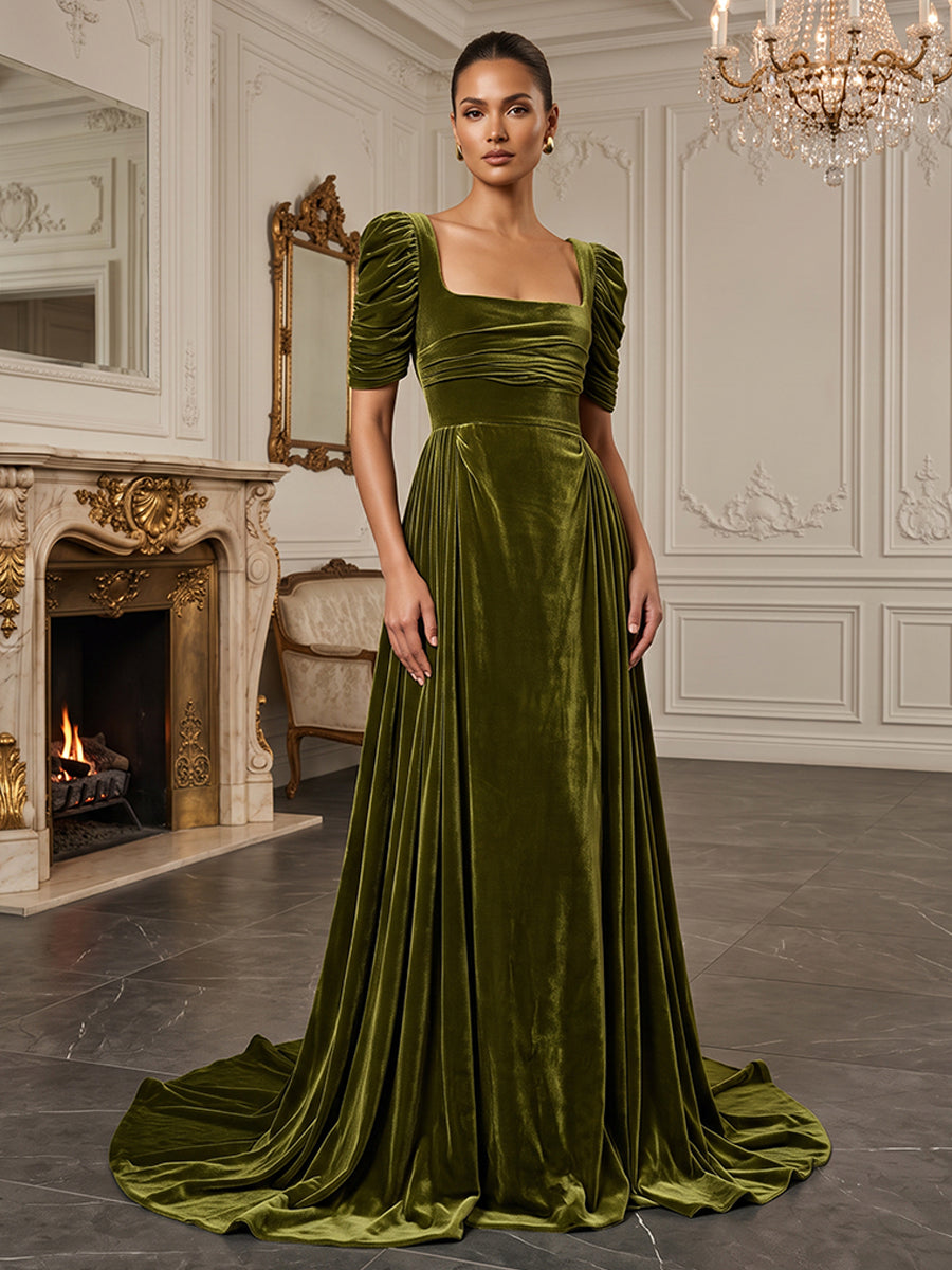 A-Line/Princess Square Neck Velvet Maxi Evening Dresses with Sweep Train & Pleats