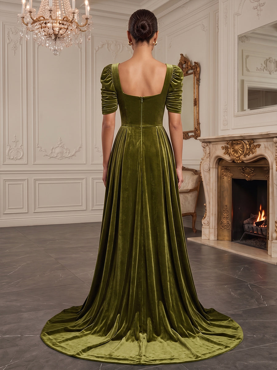 A-Line/Princess Square Neck Velvet Maxi Evening Dresses with Sweep Train & Pleats