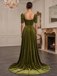 A-Line/Princess Square Neck Velvet Maxi Evening Dresses with Sweep Train & Pleats