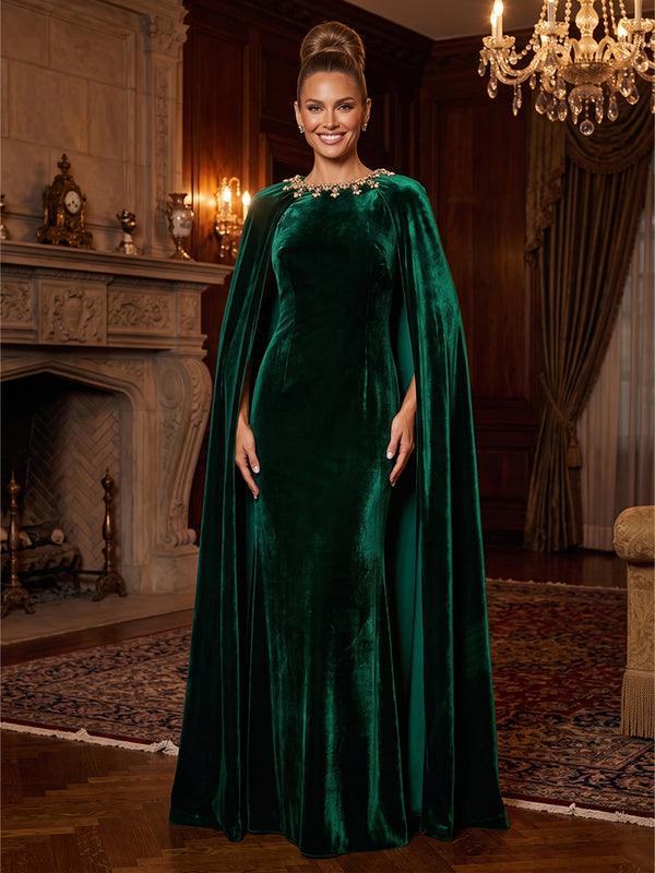 Sheath/Column Scoop Neck Velvet Maxi Evening Dresses with Sweep Train
