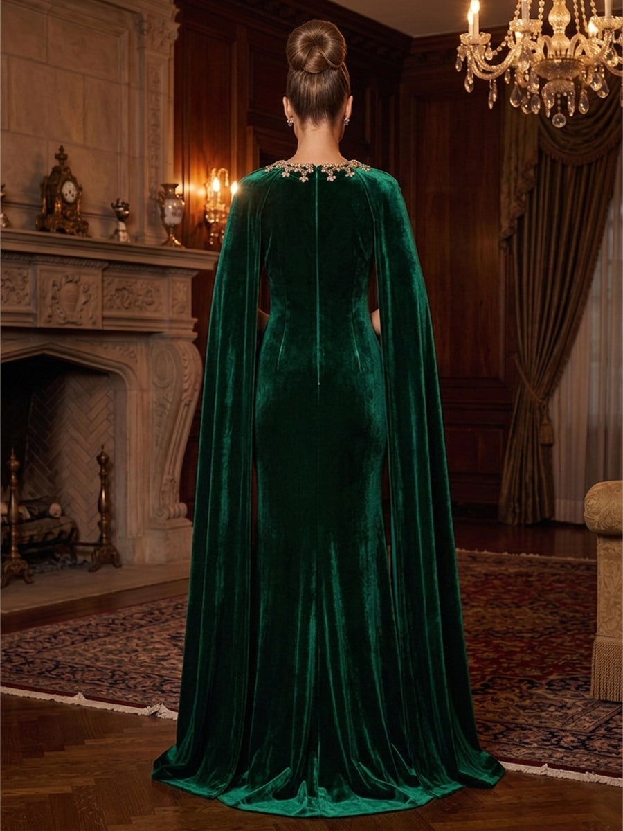 Sheath/Column Scoop Neck Velvet Maxi Evening Dresses with Sweep Train