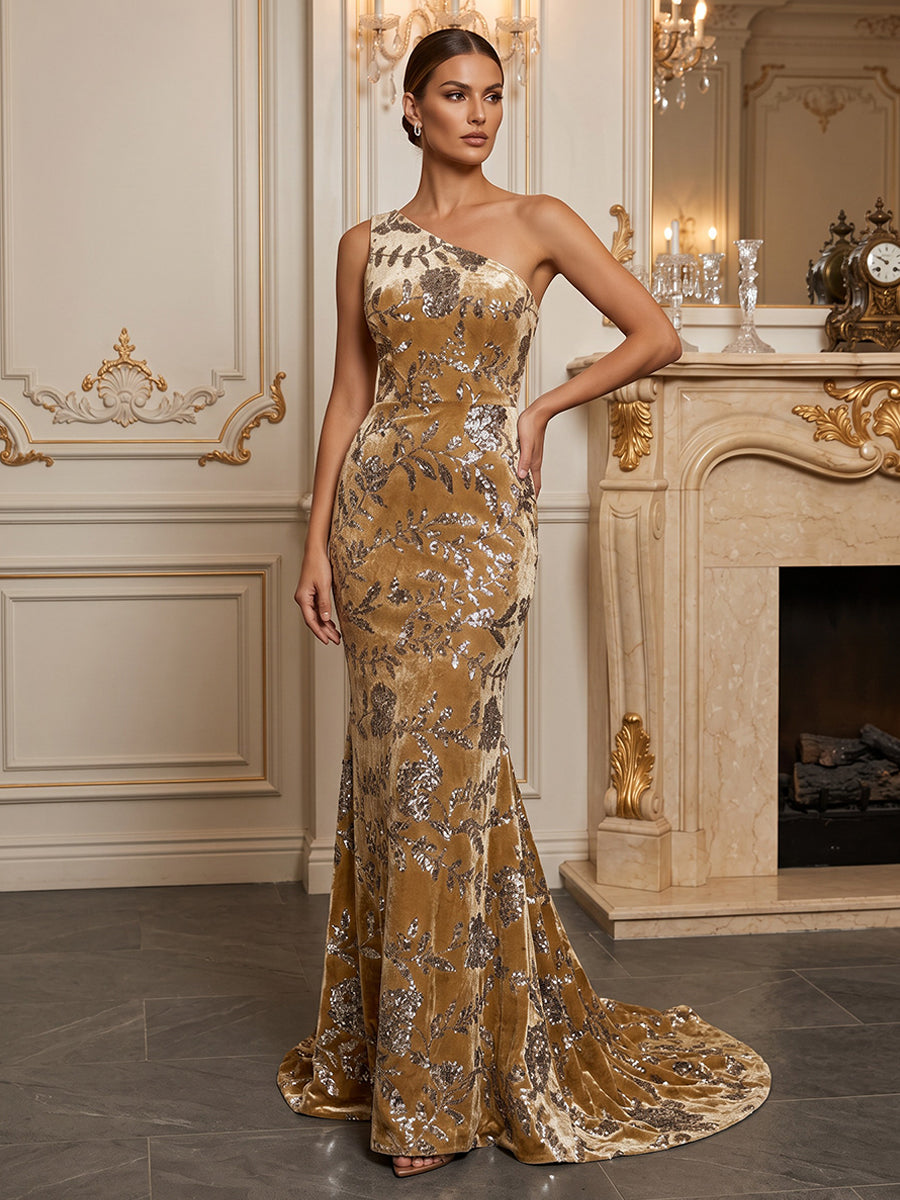 Mermaid/Trumpet One Shoulder Velvet Maxi Evening Dresses with Sweep Train
