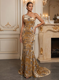 Mermaid/Trumpet One Shoulder Velvet Maxi Evening Dresses with Sweep Train