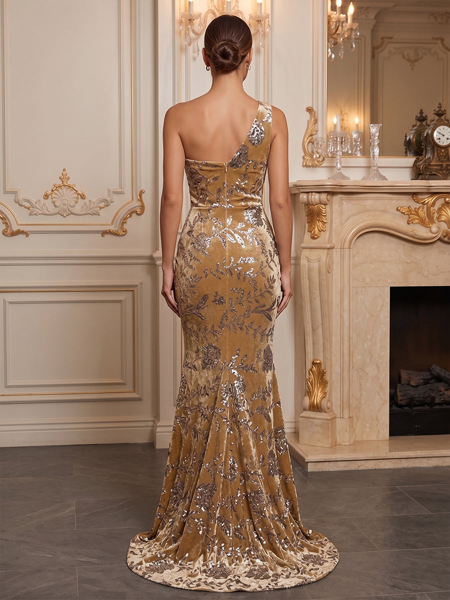 Mermaid/Trumpet One Shoulder Velvet Maxi Evening Dresses with Sweep Train