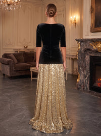 A-Line/Princess V-Neck Velvet Maxi Evening Dresses with Sequin & Pleats