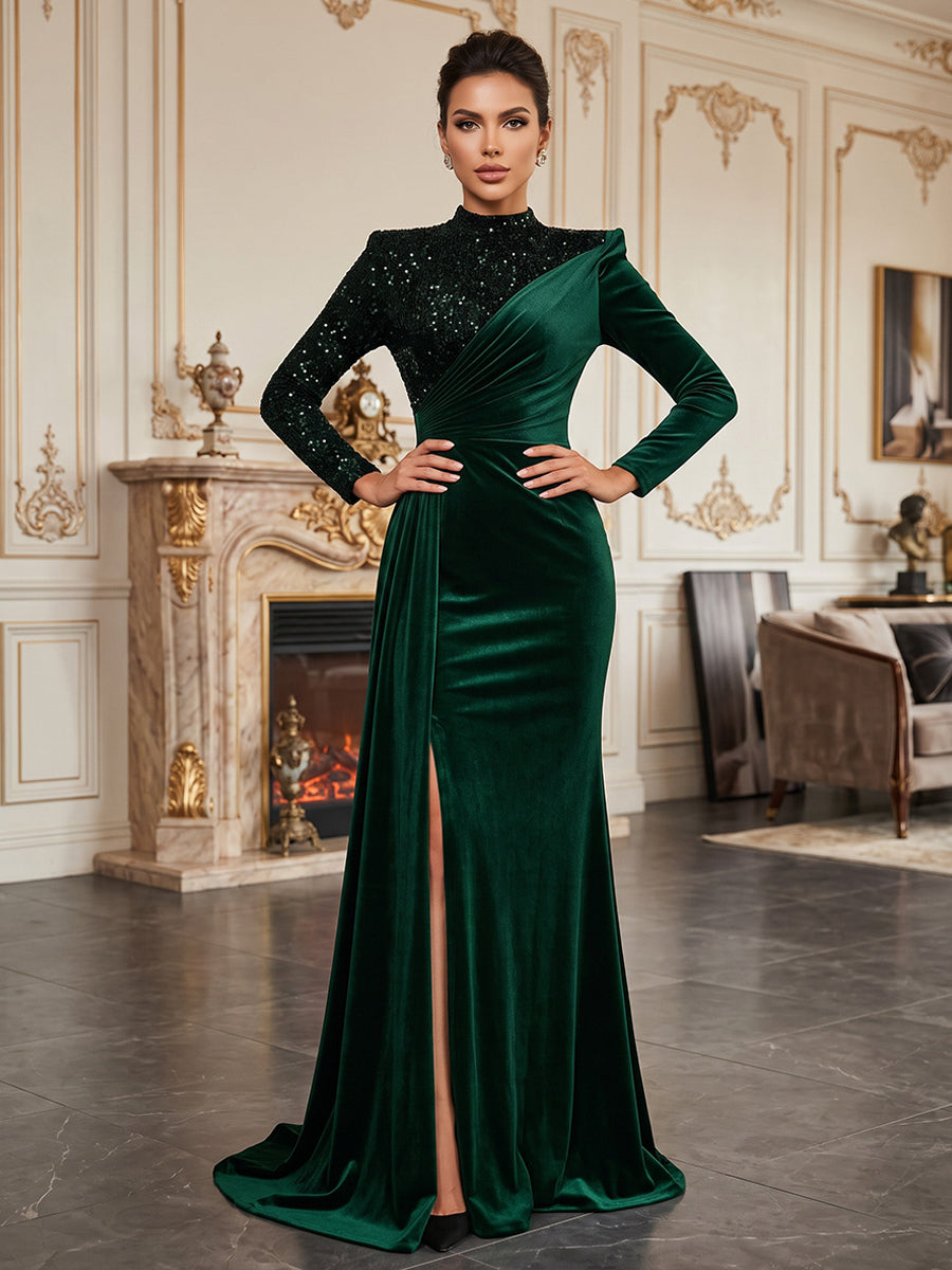 Sheath/Column High Neck Velvet Maxi Evening Dresses with Ruched Waist & Slit