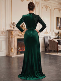 Sheath/Column High Neck Velvet Maxi Evening Dresses with Ruched Waist & Slit