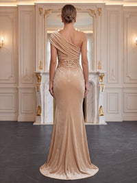 Mermaid/Trumpet One Shoulder Velvet Maxi Evening Dresses with Ruched Waist