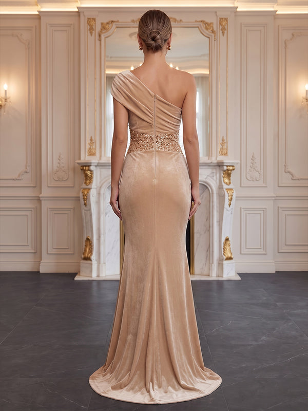 Mermaid/Trumpet One Shoulder Velvet Maxi Evening Dresses with Ruched Waist