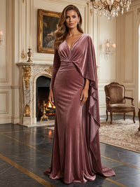 Sheath/Column V-Neck Velvet Maxi Evening Dresses with Ruffles & Ruched Waist
