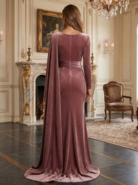 Sheath/Column V-Neck Velvet Maxi Evening Dresses with Ruffles & Ruched Waist