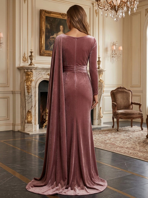 Sheath/Column V-Neck Velvet Maxi Evening Dresses with Ruffles & Ruched Waist