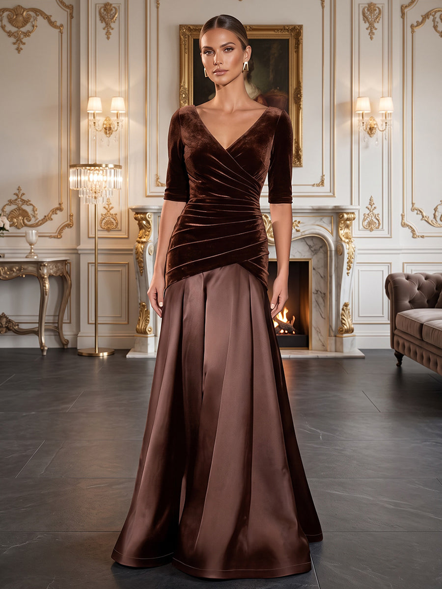 A-Line/Princess V-Neck Velvet Maxi Evening Dresses with Ruched Waist