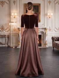 A-Line/Princess V-Neck Velvet Maxi Evening Dresses with Ruched Waist
