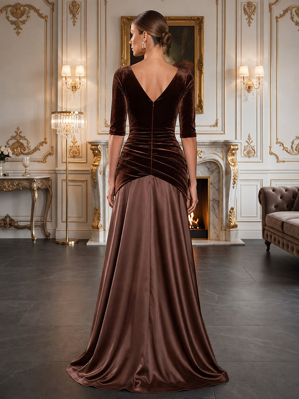 A-Line/Princess V-Neck Velvet Maxi Evening Dresses with Ruched Waist