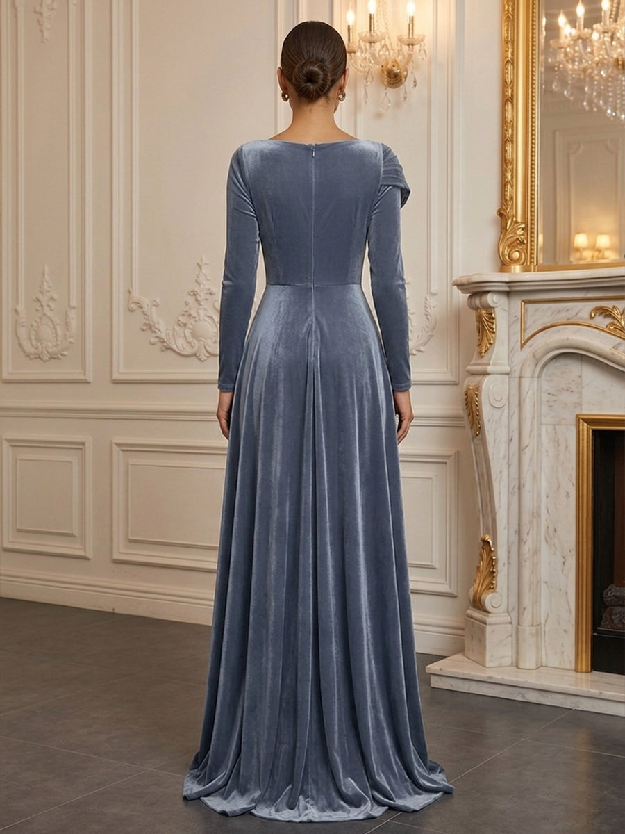 A-Line/Princess Cowl Neck Velvet Maxi Evening Dresses with Pleats