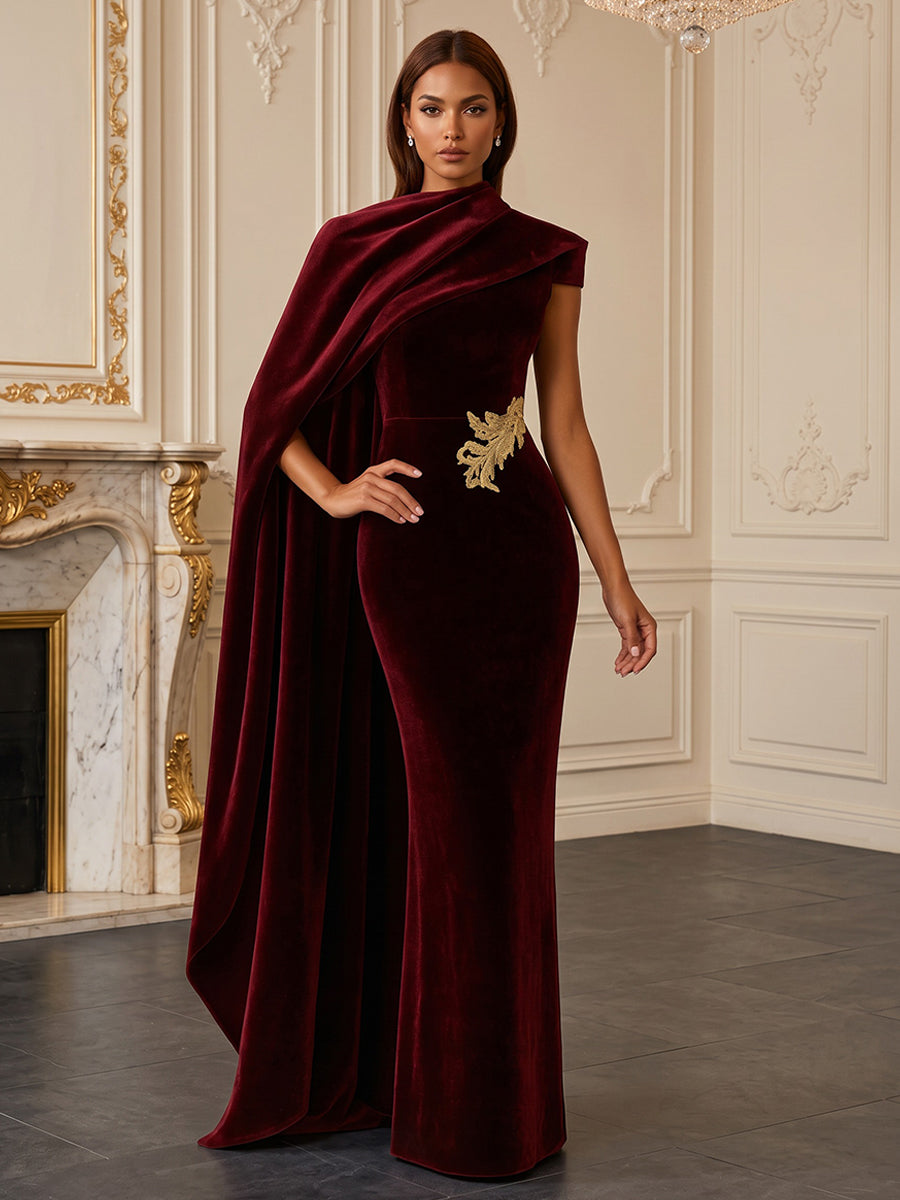 Sheath/Column Asymmetric Neck Velvet Maxi Evening Dresses with Side Draped Sash