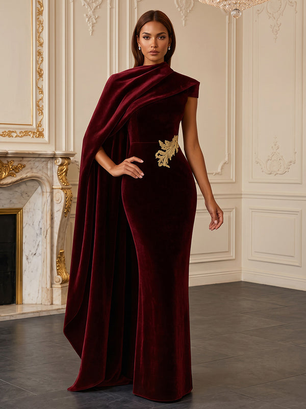Sheath/Column Asymmetric Neck Velvet Maxi Evening Dresses with Side Draped Sash