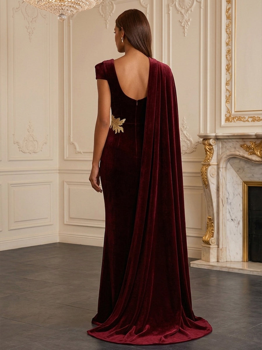 Sheath/Column Asymmetric Neck Velvet Maxi Evening Dresses with Side Draped Sash
