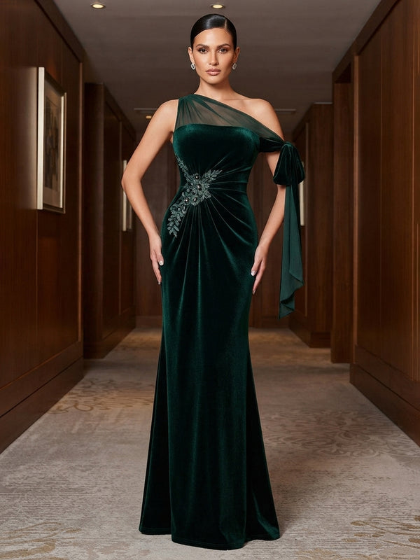 Mermaid/Trumpet Off Shoulder Velvet Maxi Evening Dresses with Ruched Waist