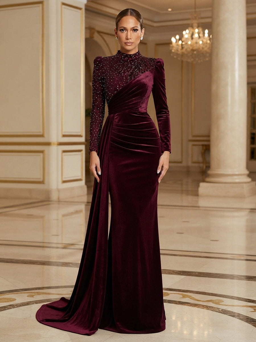 Sheath/Column High Neck Velvet Maxi Evening Dresses with Side Draped Sash