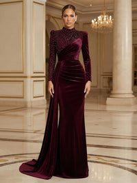Sheath/Column High Neck Velvet Maxi Evening Dresses with Side Draped Sash